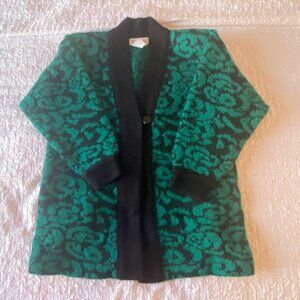 Vtg Green & Black Mohair Wool Blend Cardigan Sweater With Single Button‎ Closure